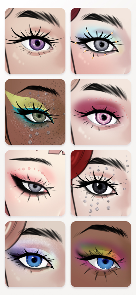Makeup Studio: Pro Sketchbook - A grid showing various creative eye makeup designs on different skin tones from the Makeup Studio app