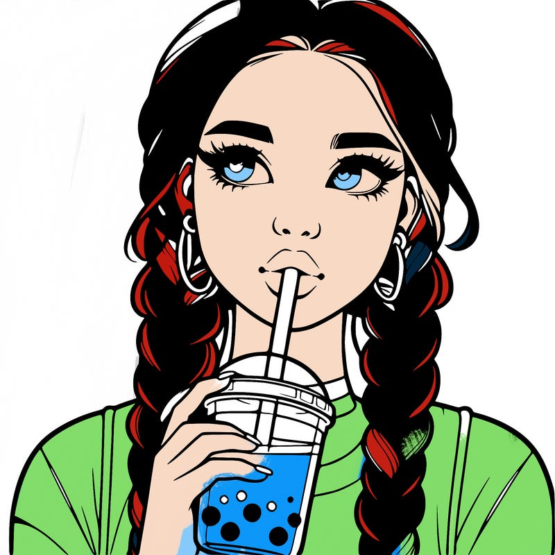 realistic girl with braided hair drinking boba