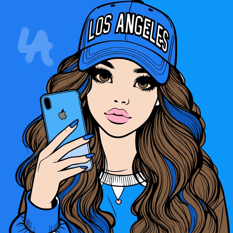 realistic beautiful girl wearing los ángeles cap holding an iphone