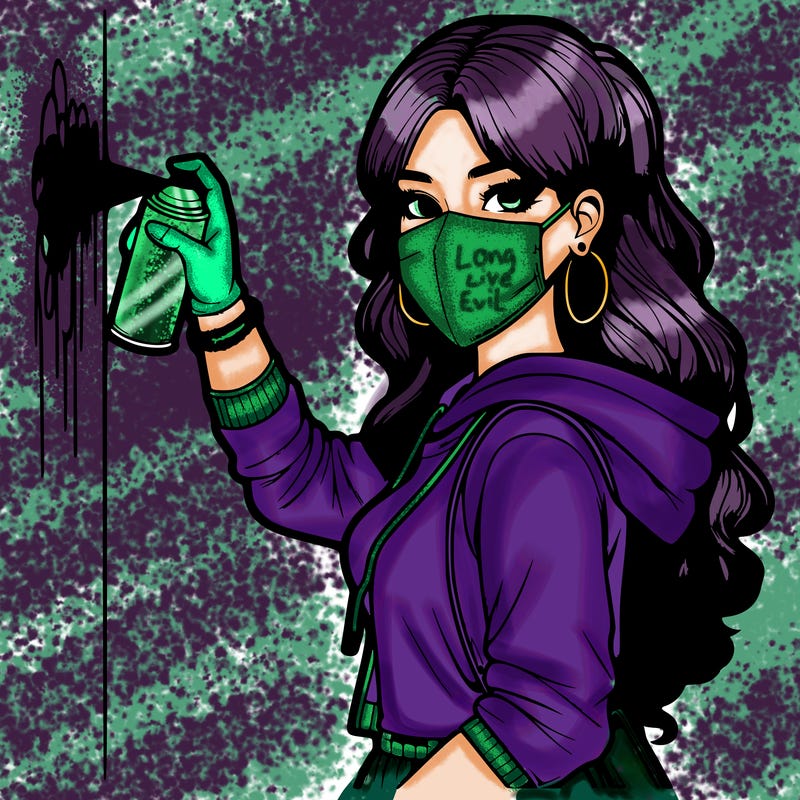 realistic girl with mask spray painting a wall