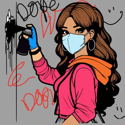 realistic girl with mask spray painting a wall