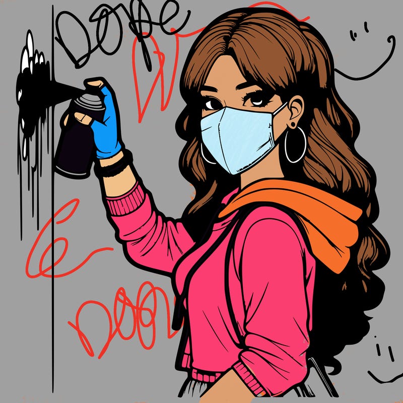 realistic girl with mask spray painting a wall