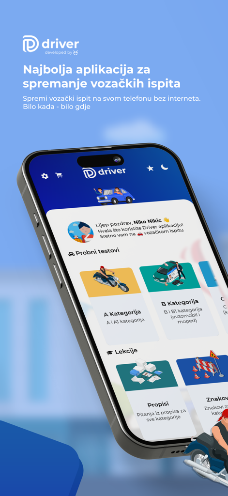 Driver Testovi - BiH - Interfaz de la aplicación Driver Testovi BiH que muestra categorías de examen de conducir y lecciones para la preparación de la licencia bosnia.