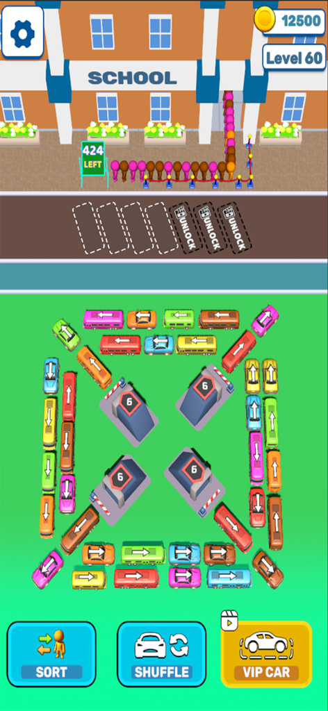 Bus Out Frenzy Traffic Jam - A traffic jam puzzle level in Bus Out Frenzy showing colorful vehicles and passengers waiting outside a school