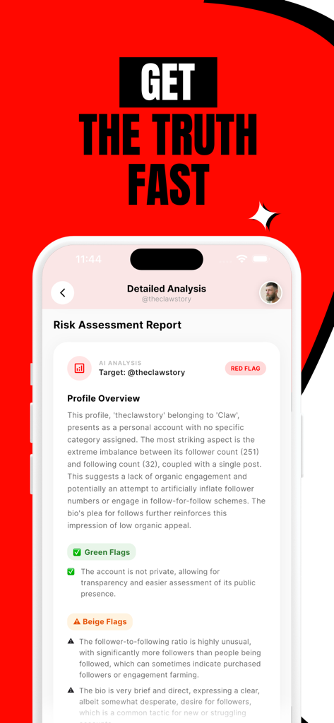 Red Flag: AI Follower Tracker - A mobile screen showing a detailed risk assessment report for a social media profile with red flag analysis and green flags.