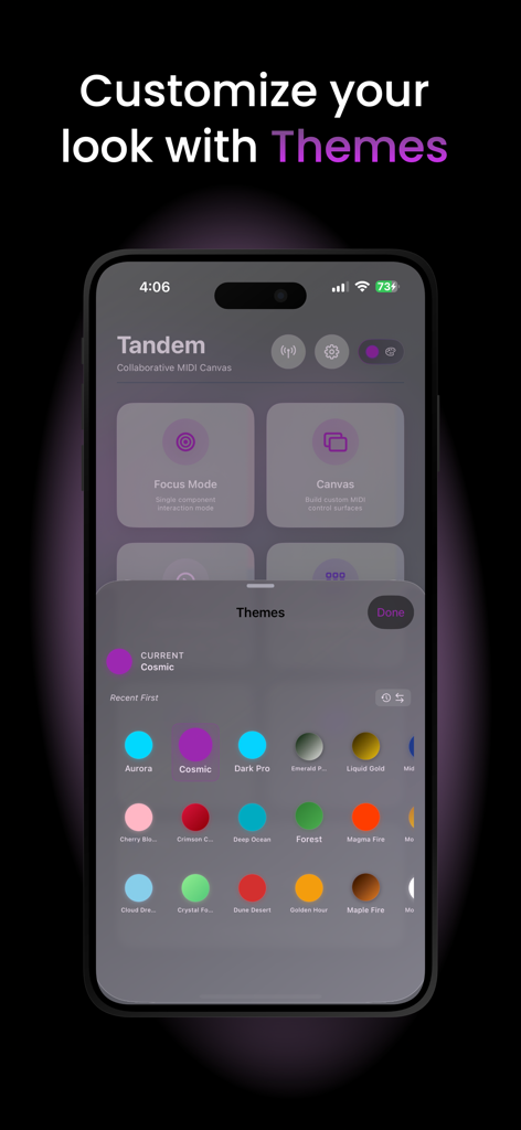 Tandem MIDI Canvas - Tela do iPhone mostrando uma variedade de opções de temas coloridos no aplicativo Tandem MIDI Canvas