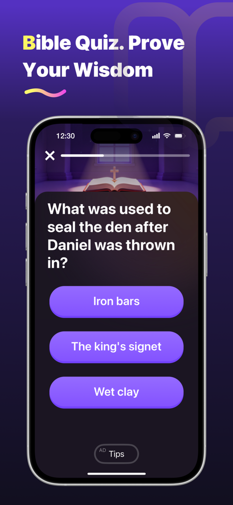 A mobile screen showing a multiple-choice Bible quiz question from the FaithStudy app