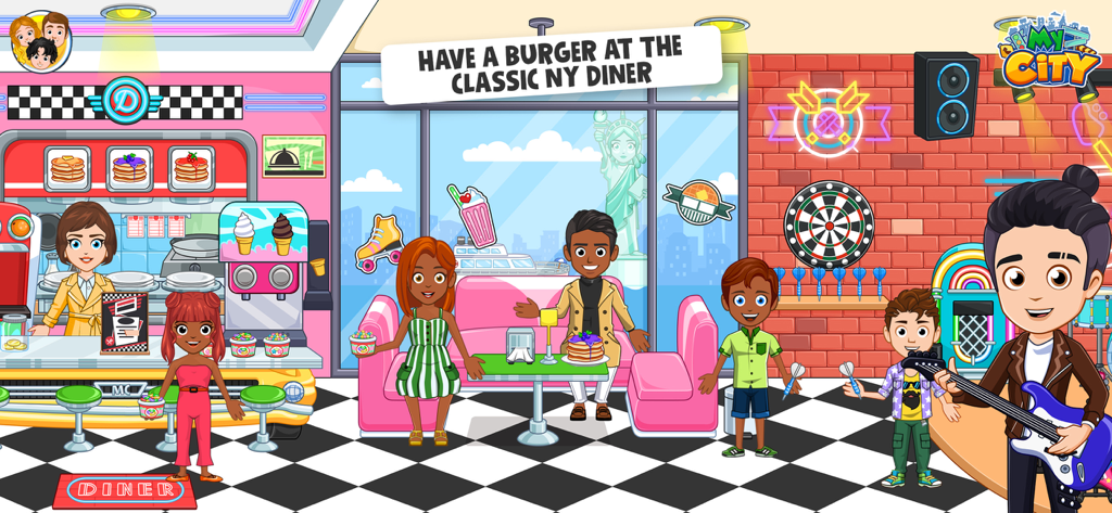 My City : New York - Personajes de dibujos animados interactuando en un comedor clásico de Nueva York dentro de la aplicación My City New York