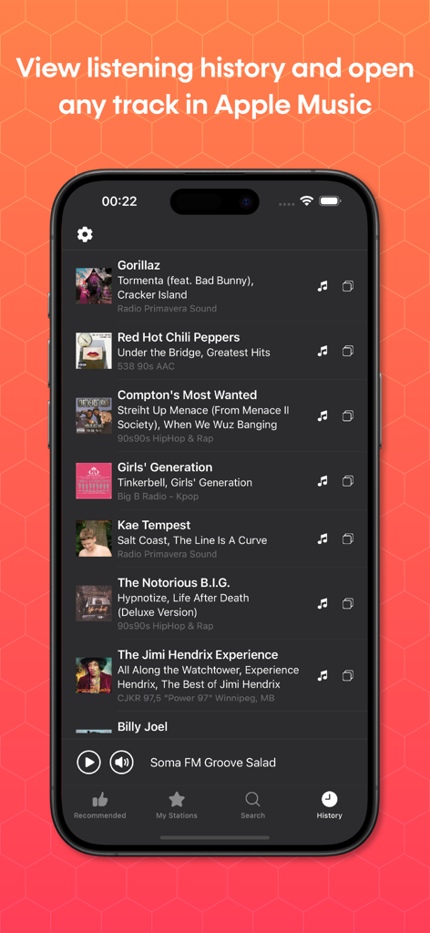 Screenshot of Eter radio app showing listening history and Apple Music links