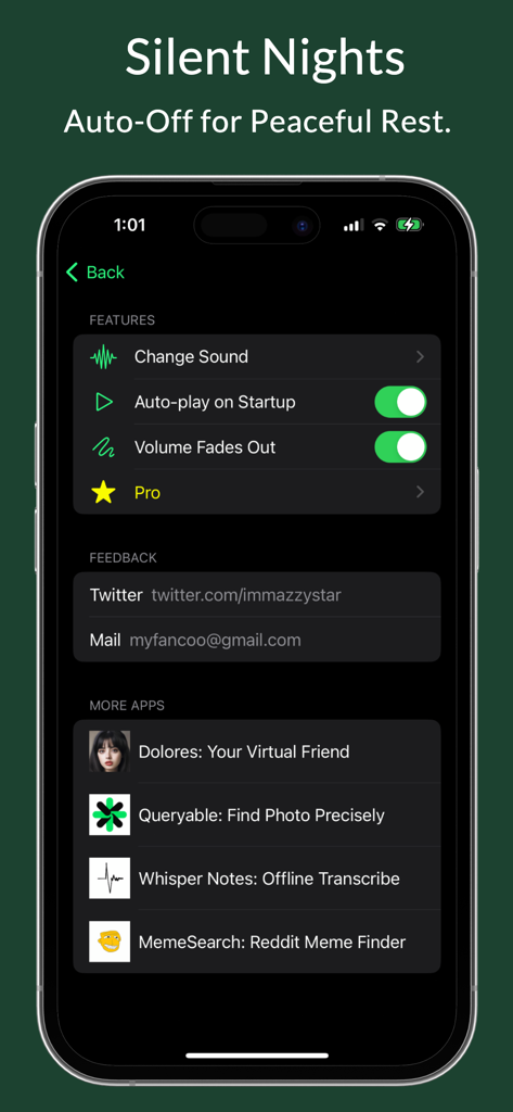 Fade Out White Noise - Benect - Settings screen of the Benect app showing features like volume fade out and auto play for sleep.
