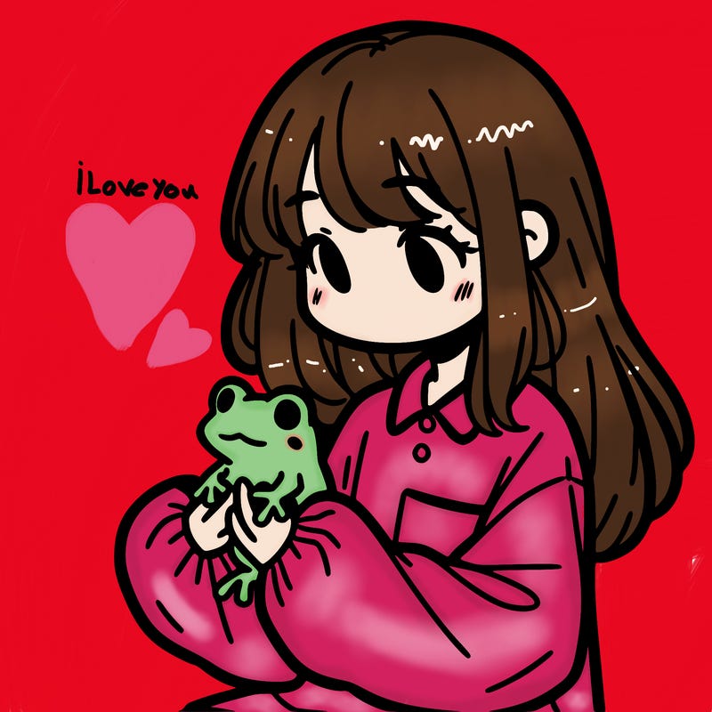 girl with long hair and a oversized shirt. and she is holding a frog