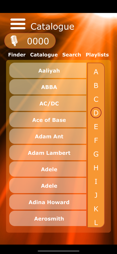 Lista alfabética de artistas en el catálogo de canciones de la aplicación The End Karaoke