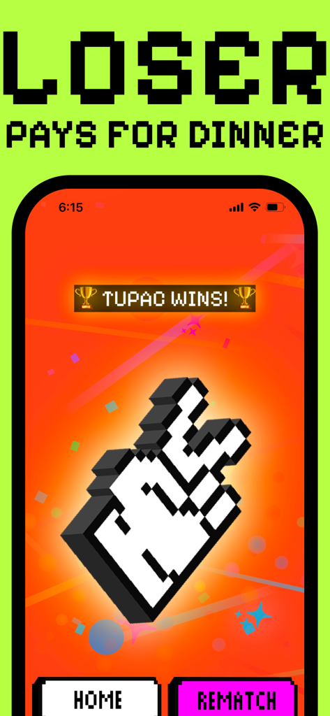 RPS - Rock, Paper, Scissors - RPS game win screen showing pixelated scissors and a competitive bet message saying loser pays for dinner