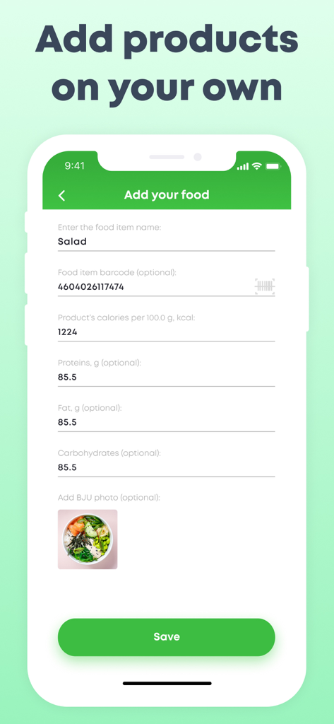 Manual entry screen in ScanFood app for adding custom products and nutritional details