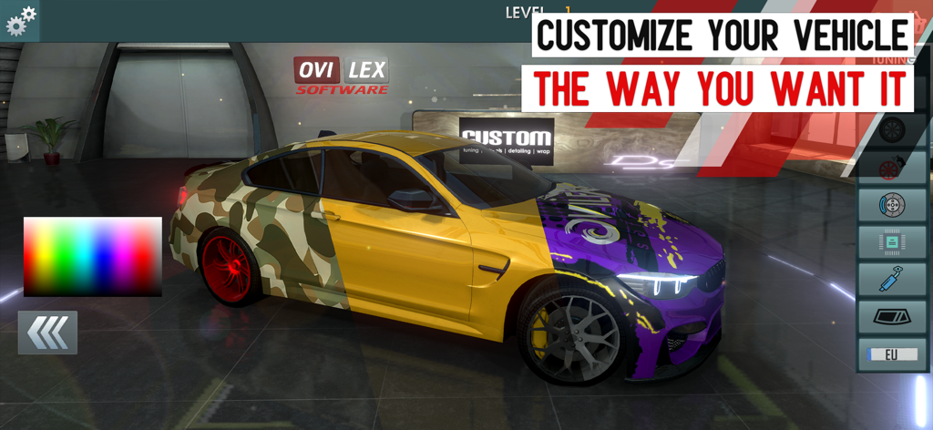 Un coche deportivo con patrones de pintura personalizados en el menú de personalización de vehículos de Driving School Simulator.