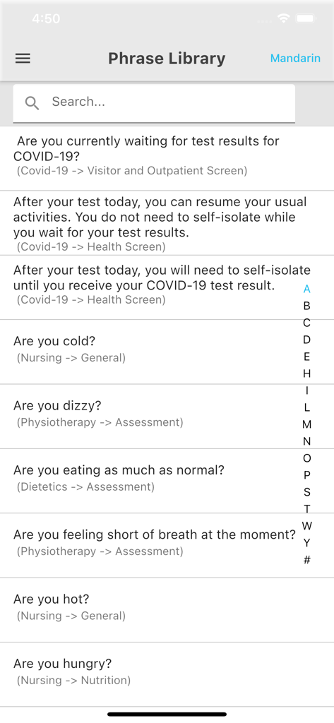 CALD Assist - Biblioteca de frases de la aplicación CALD Assist que muestra preguntas médicas clínicas traducidas para hablantes de mandarín