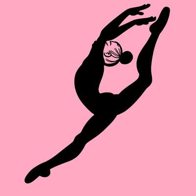 gymnast doing a leap in a leotard with a bent back leg