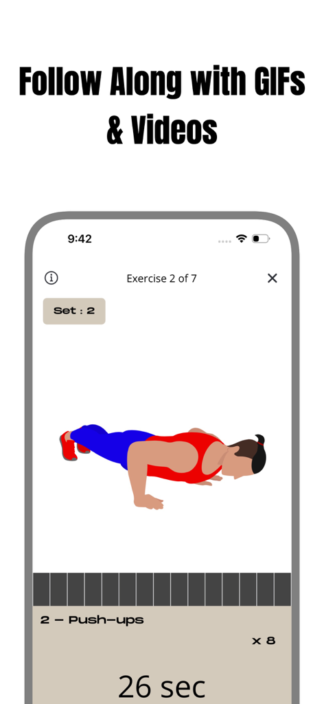 Calis : Calisthenics Workout - Mobile app interface showing a push-up exercise demonstration with a timer