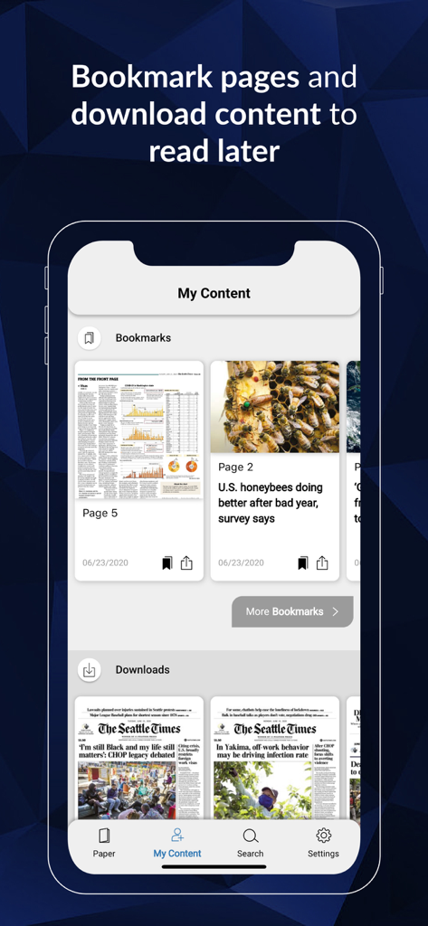 Seattle Times Print Replica app screen showing bookmarked articles and downloaded newspaper pages for offline reading