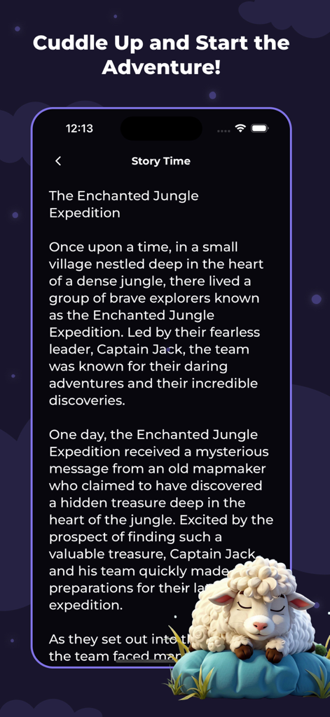 SnugStory: Bedtime Stories - An interface of the SnugStory app displaying a personalized AI bedtime story titled The Enchanted Jungle Expedition with a cute sleeping sheep mascot.