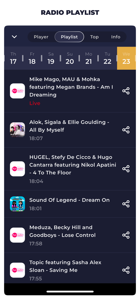 Radio Slovakia FM app playlist screen showing a list of recently played songs with timestamps and artist details