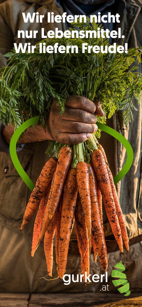 Gurkerl.at - A person holding a bunch of fresh carrots with green leafy tops representing grocery delivery service