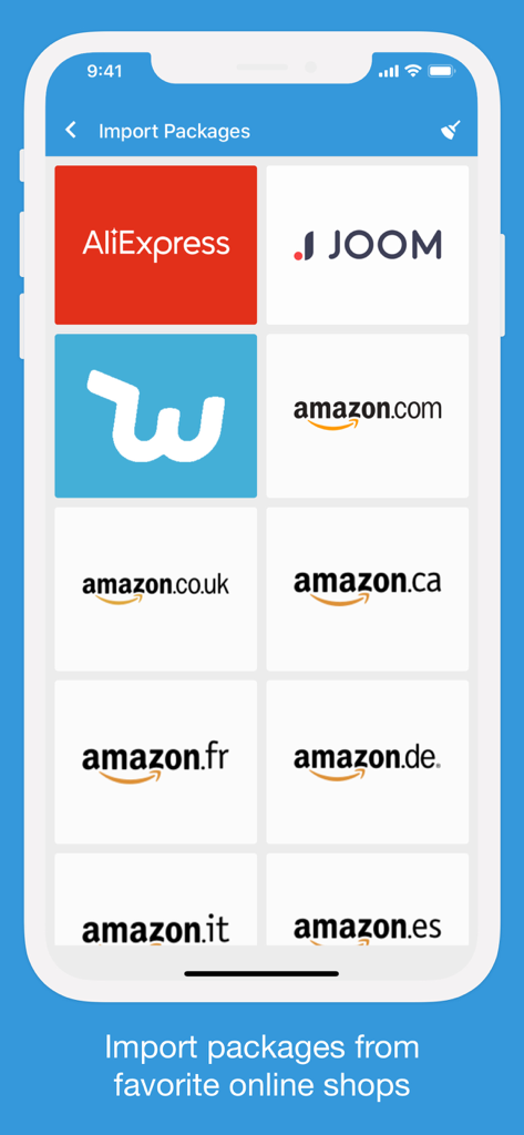 Tela de aplicativo móvel mostrando opções para importar pacotes do AliExpress, Joom, Wish e vários sites regionais da Amazon.