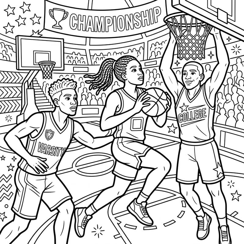 Experience the thrill of collegiate basketball with this action-packed coloring page. Showcasing talented athletes in the heat of a championship game, it's perfect for sports fans to color.