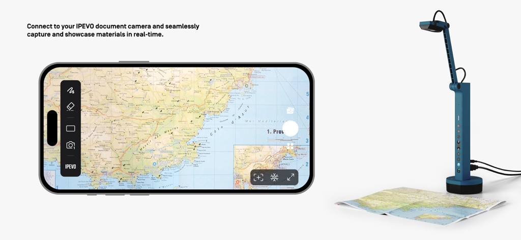 IPEVO Visualizer app on a smartphone capturing a physical map in real-time with a document camera