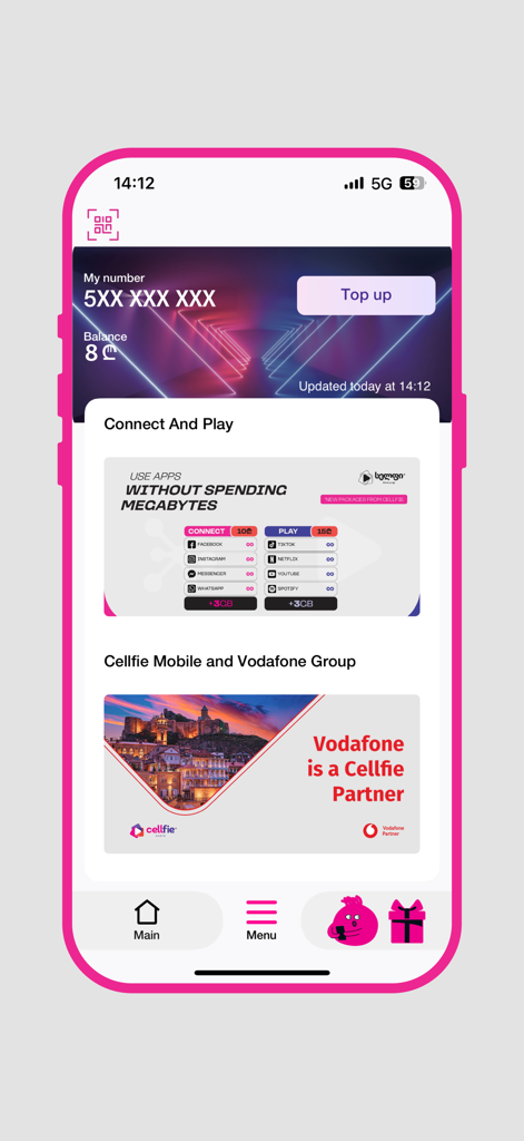 Interface do aplicativo MyCellfie mostrando recarga de saldo e ofertas de pacotes de dados
