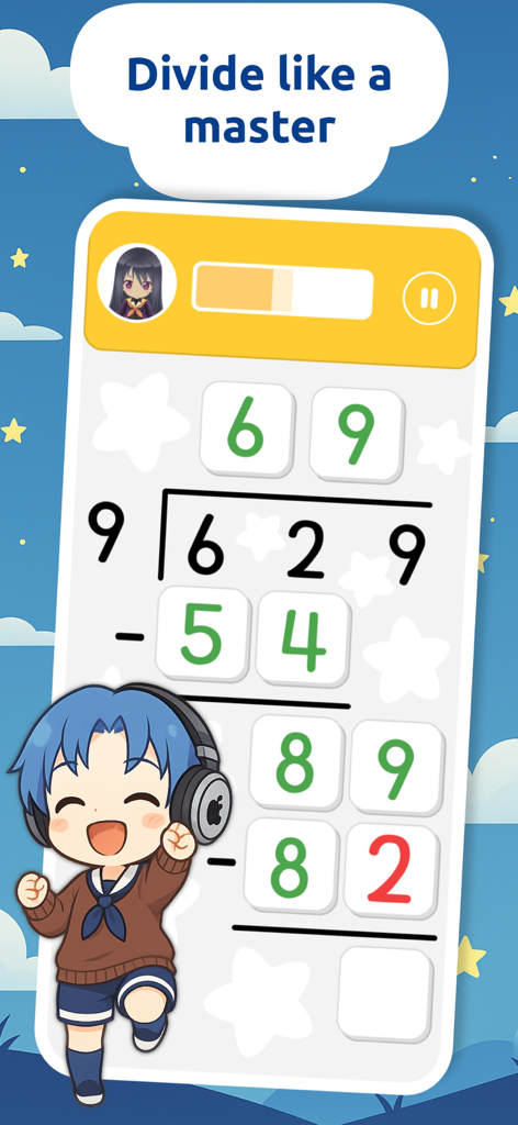 Math Games ABC - Educational long division practice screen in Math Games ABC with a cute chibi character mascot.