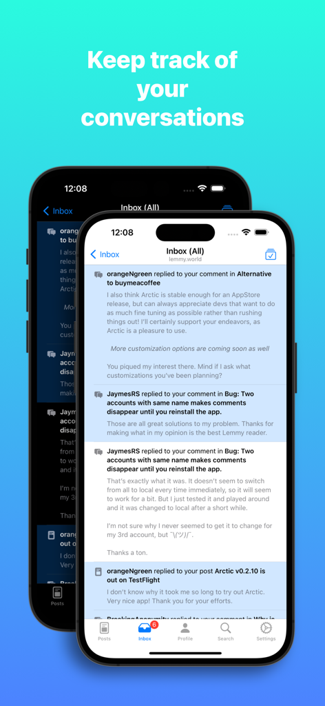Arctic For Lemmy - Bandeja de entrada de la aplicación móvil Arctic For Lemmy mostrando respuestas a comentarios en hilo y distintivos de notificación en un iPhone.