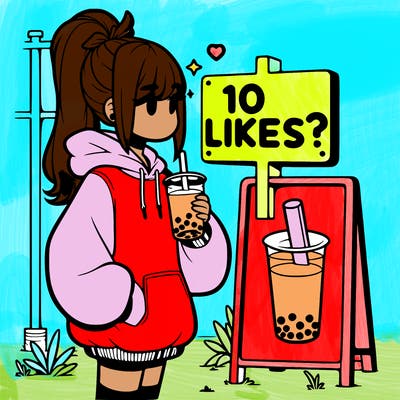 girl with oversized hoodie drinking boba and she has a high ponytail with a sign that says 10likes?