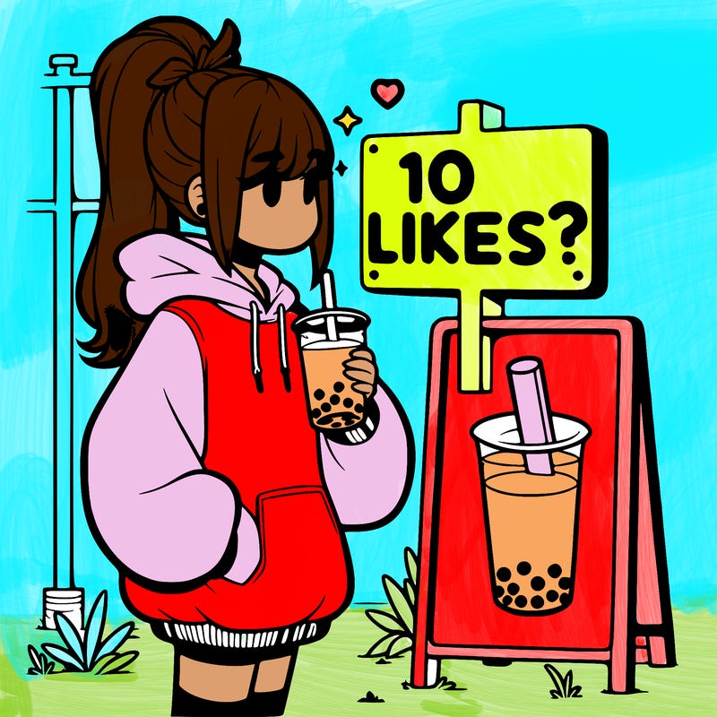 girl with oversized hoodie drinking boba and she has a high ponytail with a sign that says 10likes?