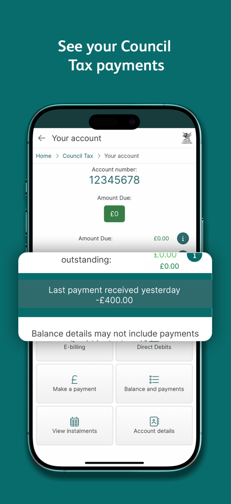 Capture d'écran de l'application Cardiff Gov montrant l'écran de gestion du compte de taxe d'habitation avec l'historique des paiements et les détails du solde.