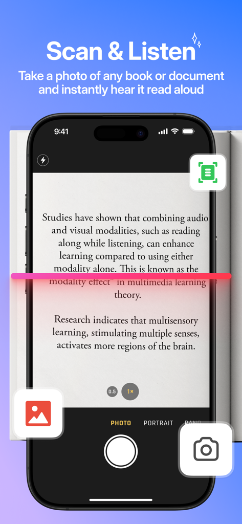 Audeus Text to Speech - Un smartphone usando la aplicación Audeus para escanear la página de un libro físico para convertirla a voz.