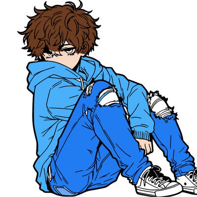 a male hoddie ripped jeans messy hair anime