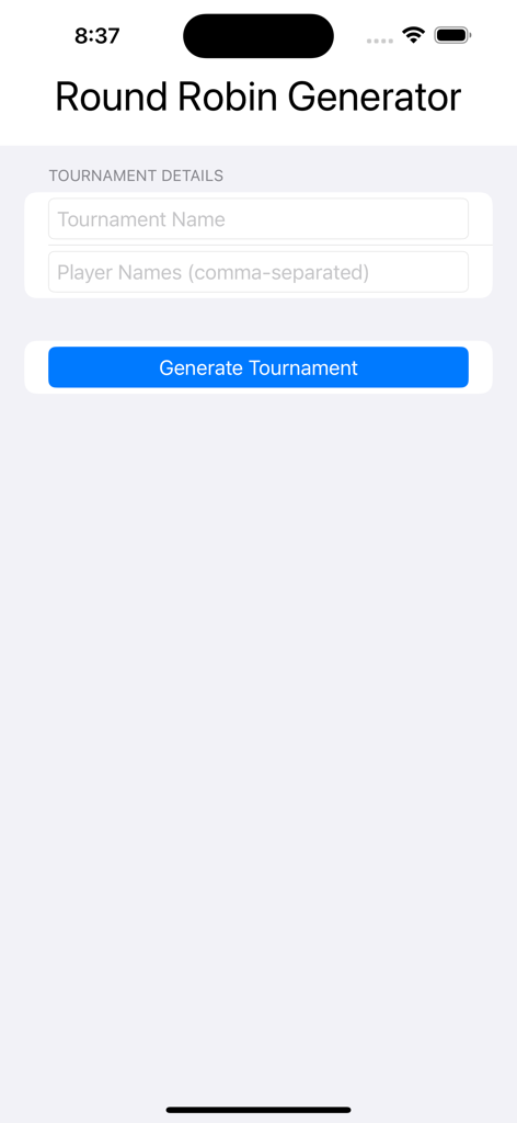 Round Robin Generator Einrichtung-Bildschirm mit Eingabefeldern für den Turniernamen und die Spielerliste