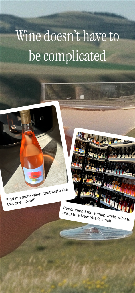 Remi: Wine for Fun People - ブドウ畑の背景に、簡単なワイン選択のためのパーソナライズされたチャットプロンプトとワインボトルを表示するレミアプリの画面。
