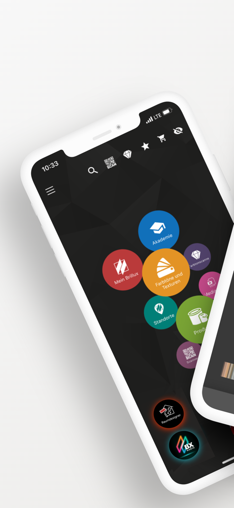 스마트폰에서 Brillux 앱의 메인 메뉴를 보여주는 이미지. 색상 아카데미 및 제품에 대한 원형 아이콘이 표시됩니다.