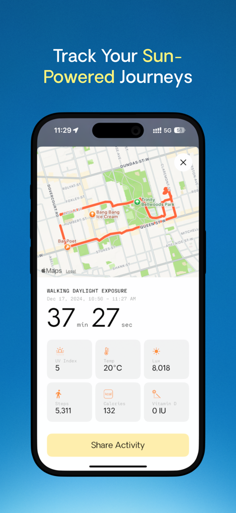 SunSeek: Sunlight & Vitamin D - SunSeek app interface showing a tracked walk on a map with sunlight exposure metrics and lux levels