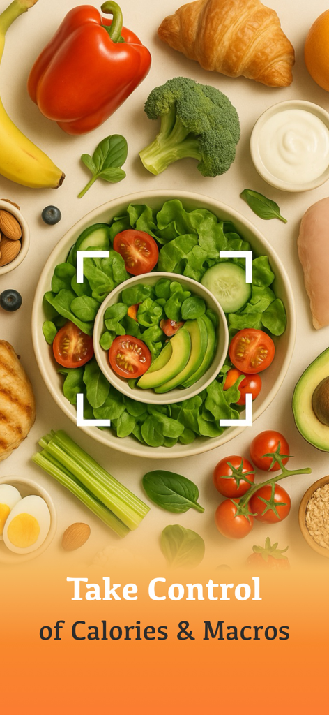 AI calorie counter app interface scanning a healthy meal for nutritional data