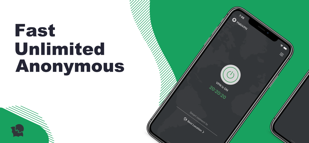 Smartphone exibindo a interface do aplicativo HaloVPN com a mensagem rápido ilimitado anônimo