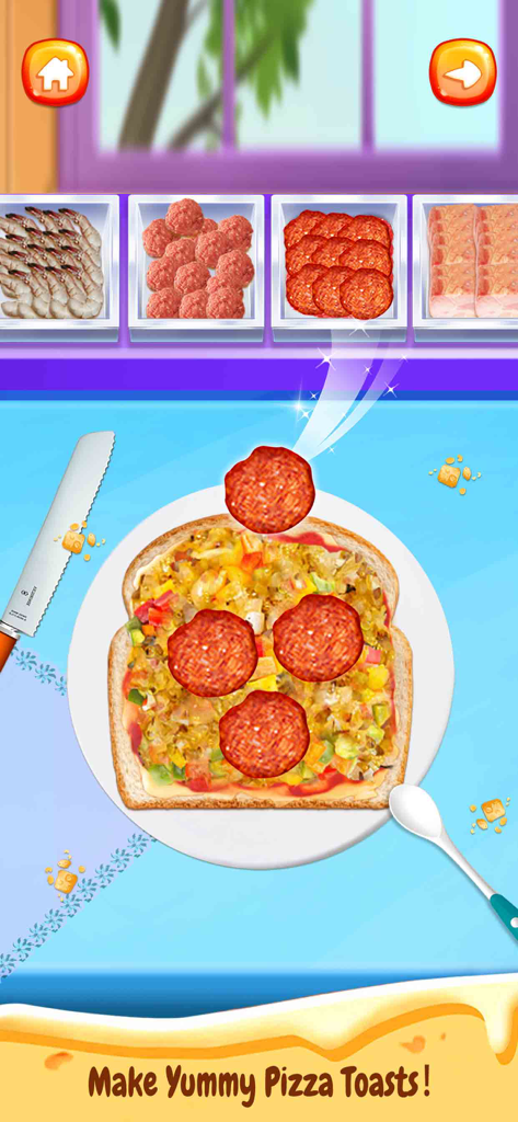 A digital cooking simulation screen showing a pizza toast being decorated with pepperoni slices