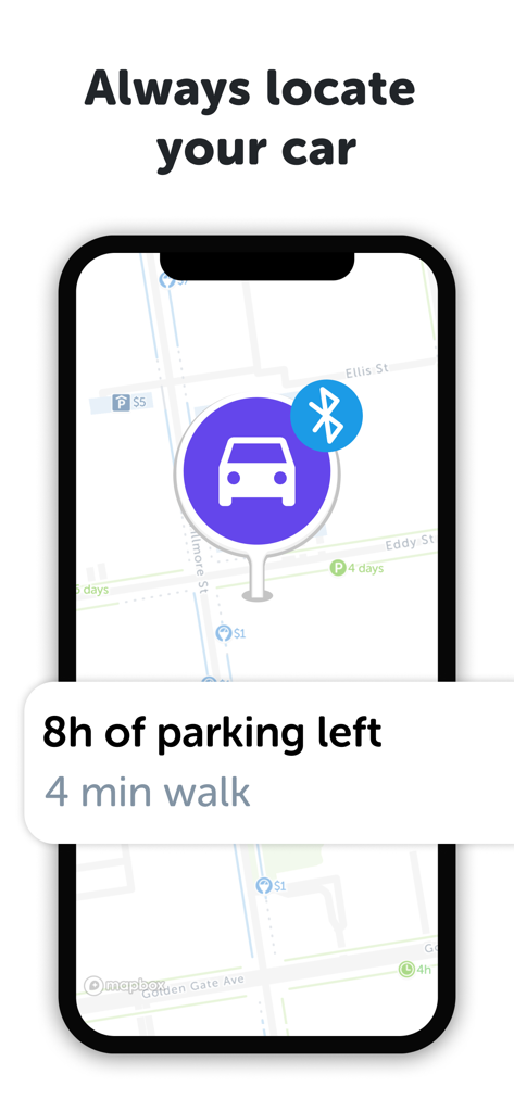 SpotAngels mobile app interface showing a parked car location on a map with a bluetooth icon and a parking time remaining notification