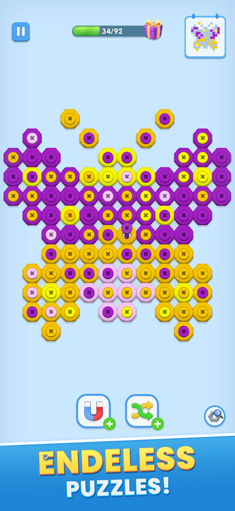 Screw Art: Pixel Art Games - A pixel art butterfly made of purple and yellow screws in a mobile game screen.