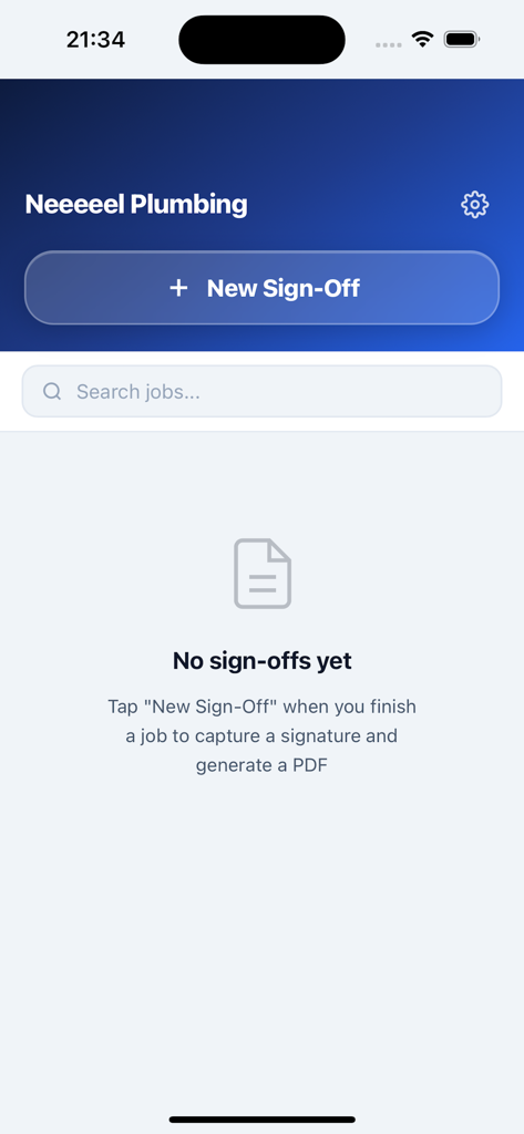 Écran d'accueil de l'application Sign-Off On Glass avec un bouton pour créer une nouvelle fin de travaux et une barre de recherche pour les travaux précédents.
