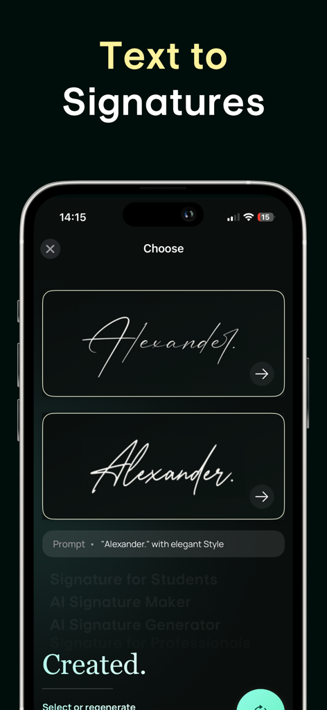 AI Signature Generator Signify - Mobile app interface showing various AI-generated elegant cursive signature styles for the name Alexander.