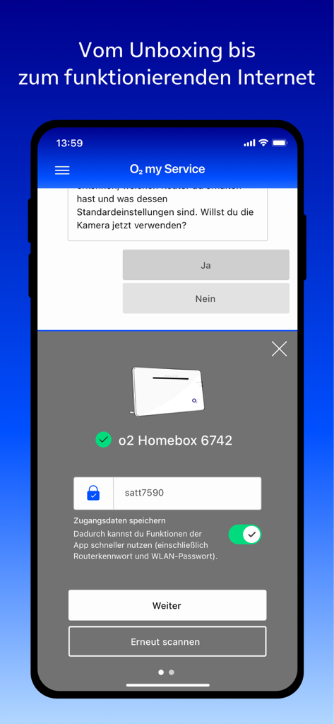 o2 my Service - Interfaz de la aplicación o2 my Service mostrando un escaneo de router exitoso y el proceso de configuración de Internet para o2 Homebox 6742.
