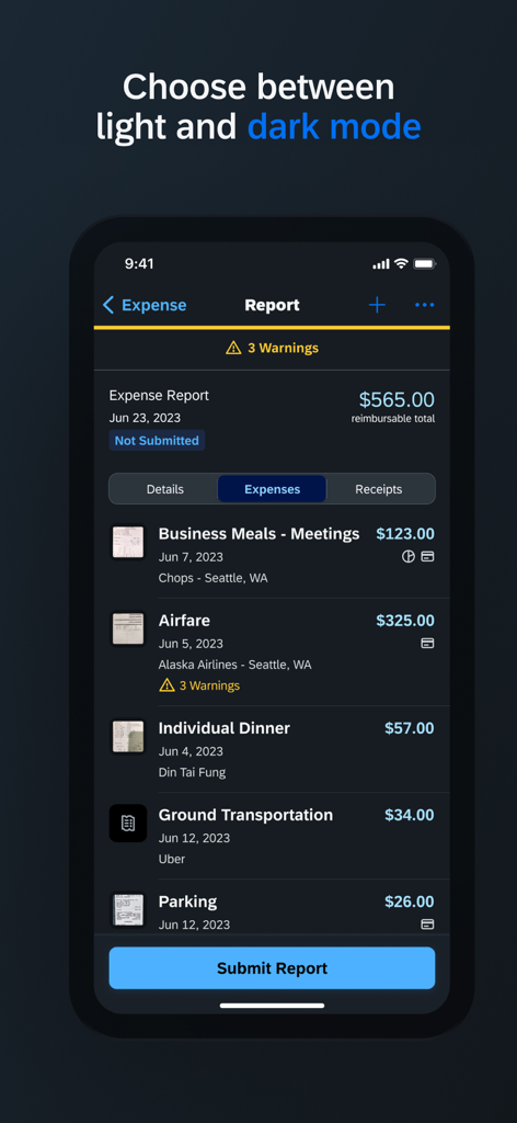 SAP Concur app interface showing an expense report with line items in dark mode
